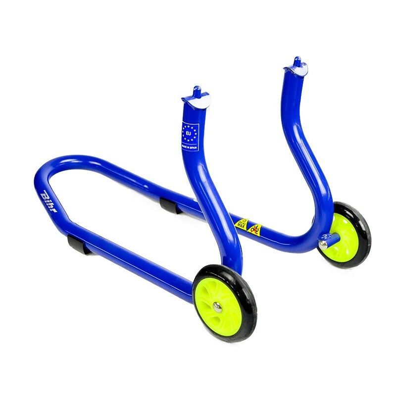 Caballete delantero Bihr para horquillas perforadas. Color azul y ruedas amarillas.