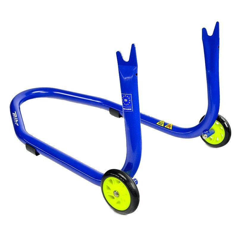 Caballete trasero moto BIHR con soportes en V para diábolos - Azul y amarillo