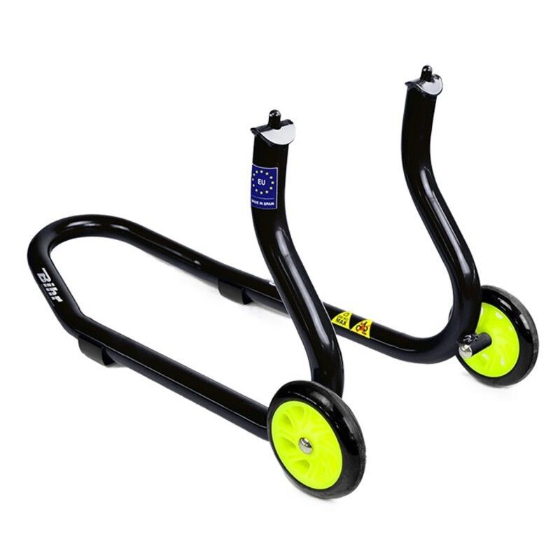 Caballete delantero Bihr para horquillas perforadas. Color negro y ruedas amarillas.