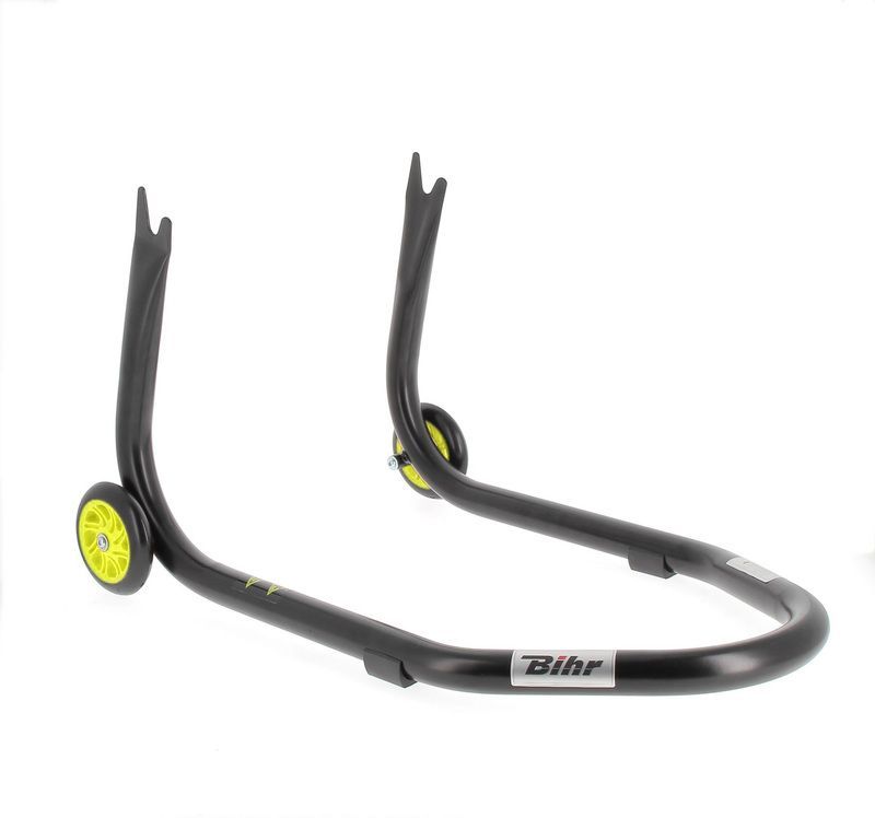 Caballete trasero BIHR Home Track soporte en "V" para diábolos, color negro mate ruedas amarillas