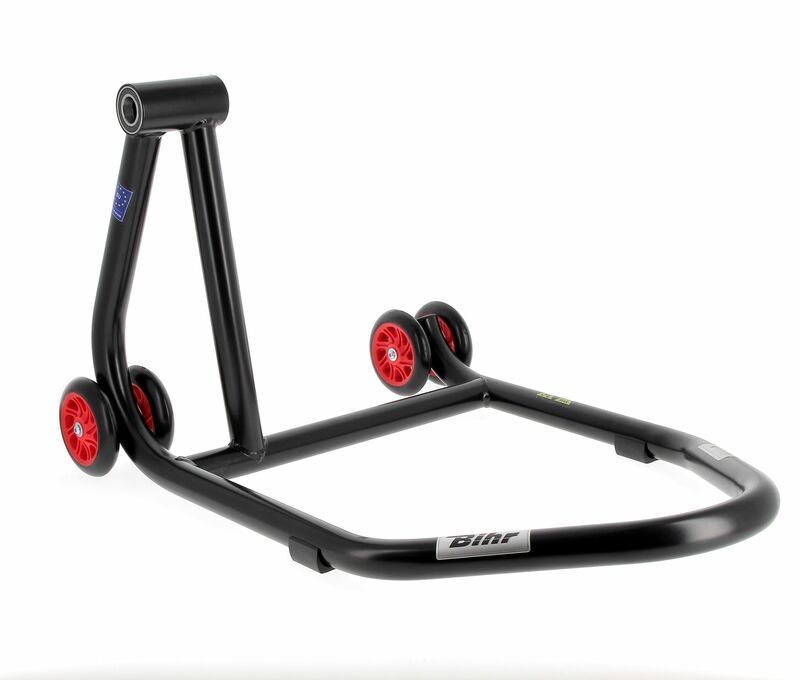 Caballete monobrazo izquierdo BIHR Home Track color negro mate y ruedas rojas
