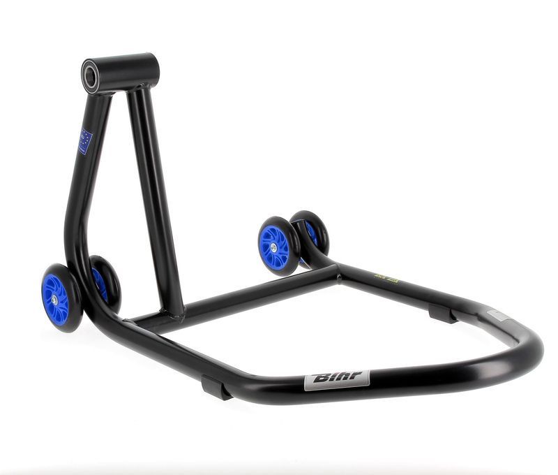 Caballete monobrazo izquierdo BIHR Home Track color negro mate y ruedas azules