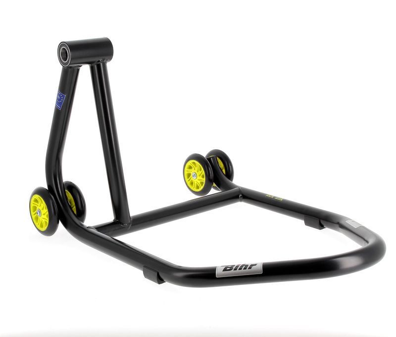 Caballete monobrazo izquierdo BIHR Home Track color negro mate y ruedas amarllas