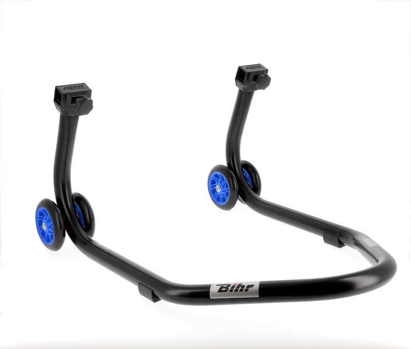 Caballete trasero BIHR Home Track soporte en "L" color negro mate y ruedas azules