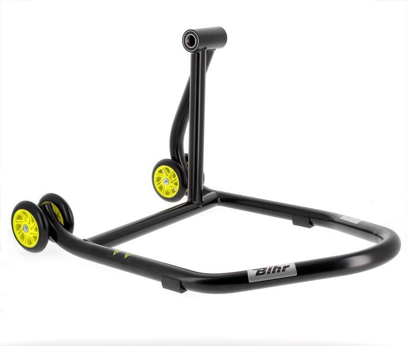 Caballete monobrazo derecho BIHR Home Track color negro mate y ruedas amarillas