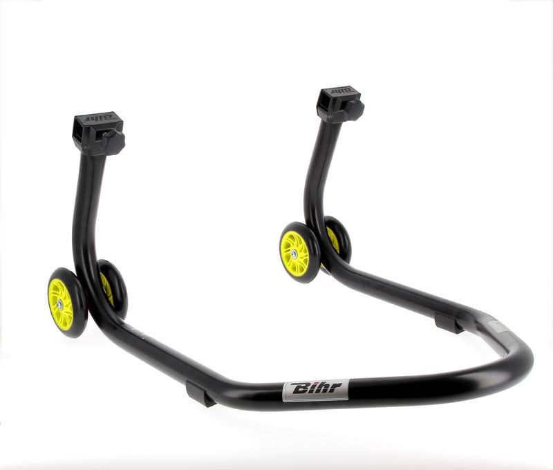 Caballete trasero BIHR Home Track soporte en "V" color negro mate y ruedas amarillas