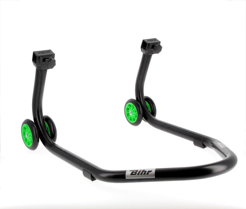 Caballete trasero BIHR Home Track soporte en "V" color negro mate y ruedas verdes