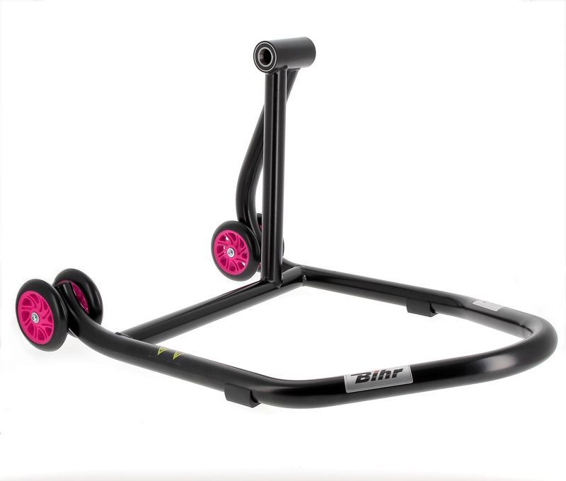 Caballete monobrazo derecho BIHR Home Track color negro mate y ruedas rosas