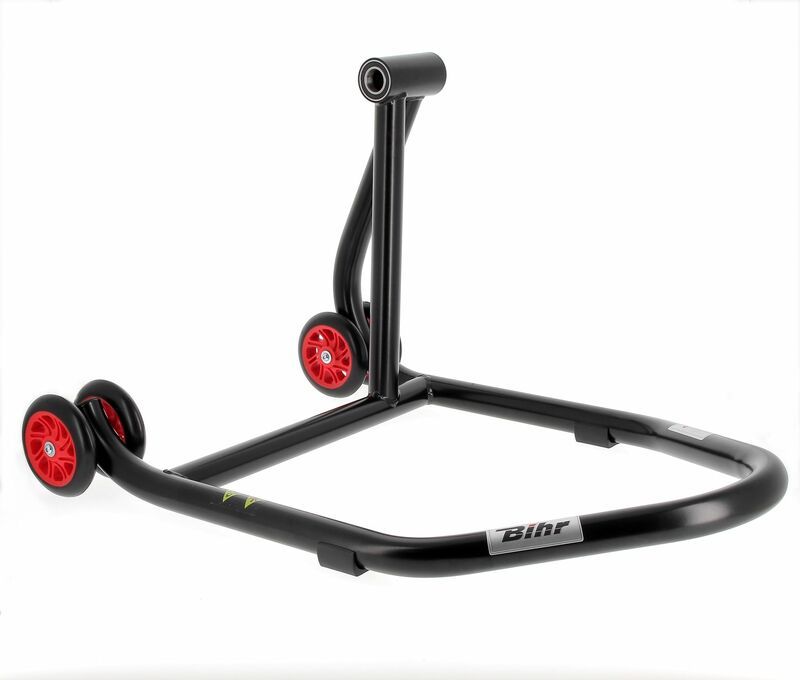 Caballete monobrazo derecho BIHR Home Track color negro mate y ruedas rojas