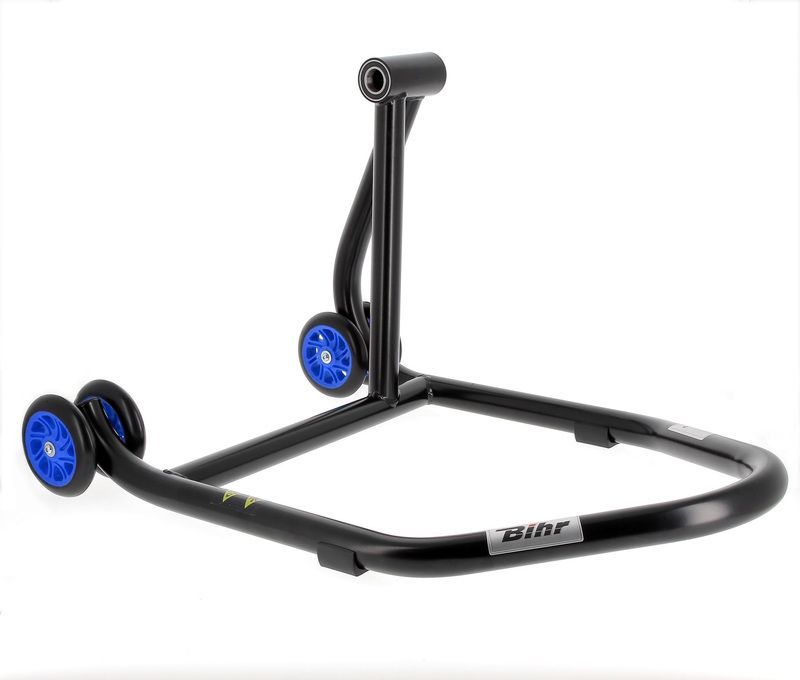 Caballete monobrazo derecho BIHR Home Track color negro mate y ruedas azules