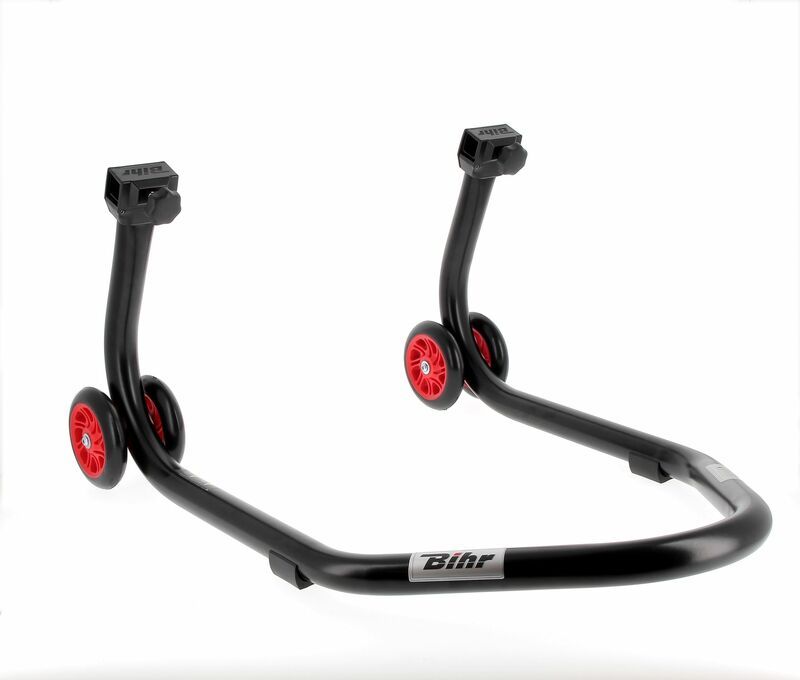Caballete trasero BIHR Home Track soporte en "L" color negro mate y ruedas rojas