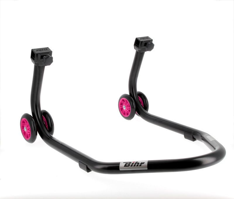 Caballete trasero BIHR Home Track soporte en "V" color negro mate y ruedas rosas