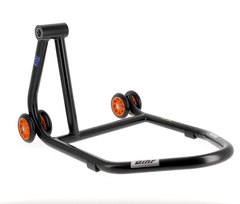 Caballete monobrazo izquierdo BIHR Home Track color negro mate y ruedas naranjas