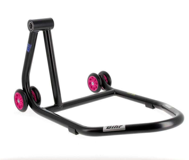 Caballete monobrazo izquierdo BIHR Home Track color negro mate y ruedas rosas