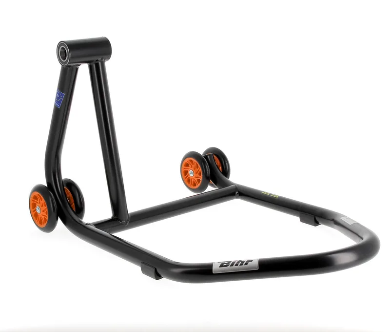 Caballete monobrazo izquierdo BIHR Home Track color negro mate y ruedas naranjas