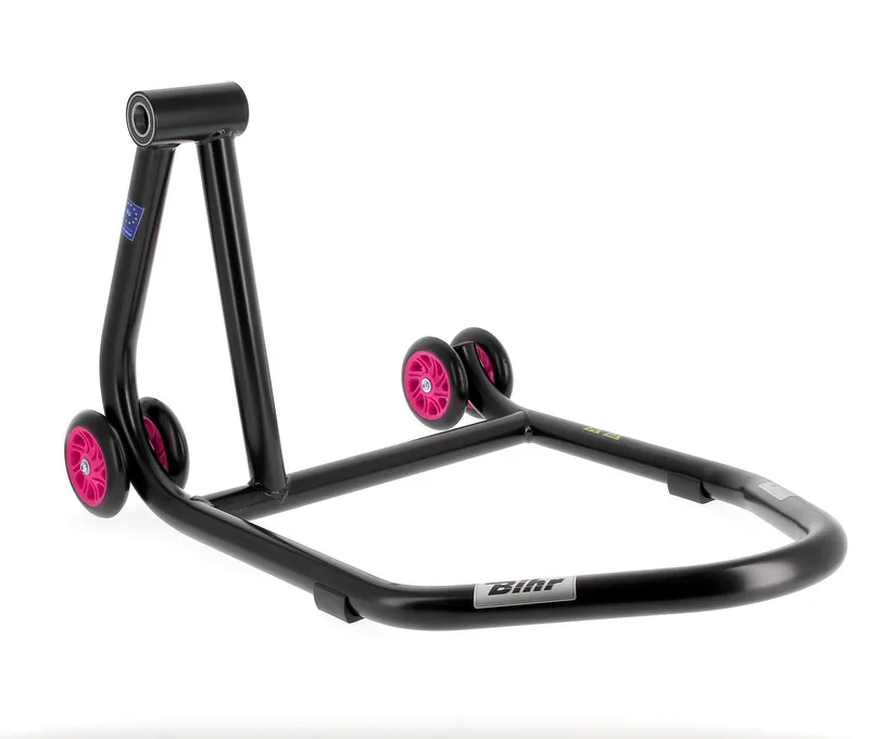 Caballete monobrazo izquierdo BIHR Home Track color negro mate y ruedas rosas
