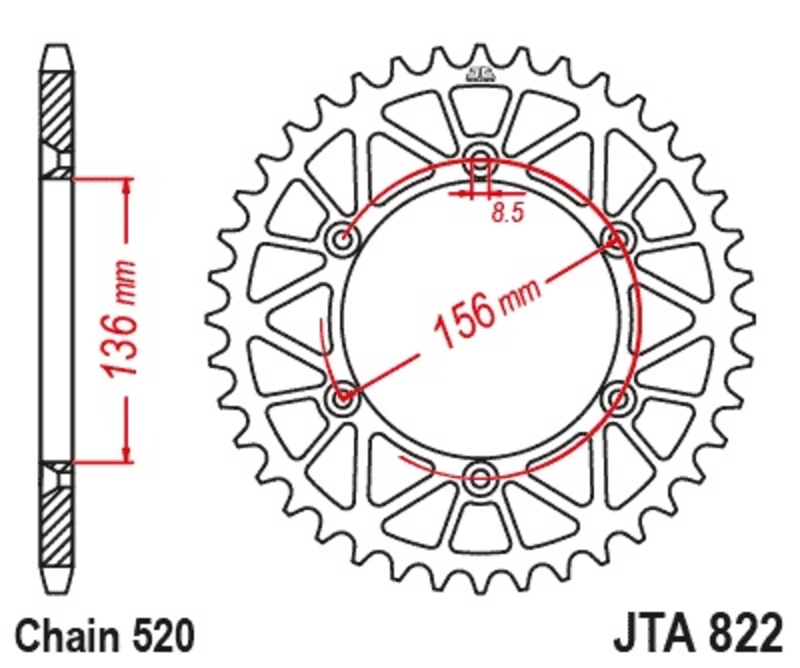 Corona JT Aluminio negro JT 822 con 53 dientes