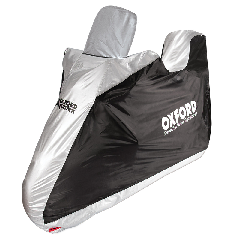 Funda de moto para exterior OXFORD Aquatex - Moto / Scooter con baúl y pantalla grande - Negro / Plata - S