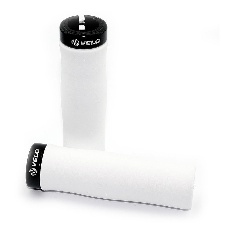 Par puños bici espuma EVA ultraligera VELO Blancos/abrazadera negra. Sujeción lock-on 1 tornillo