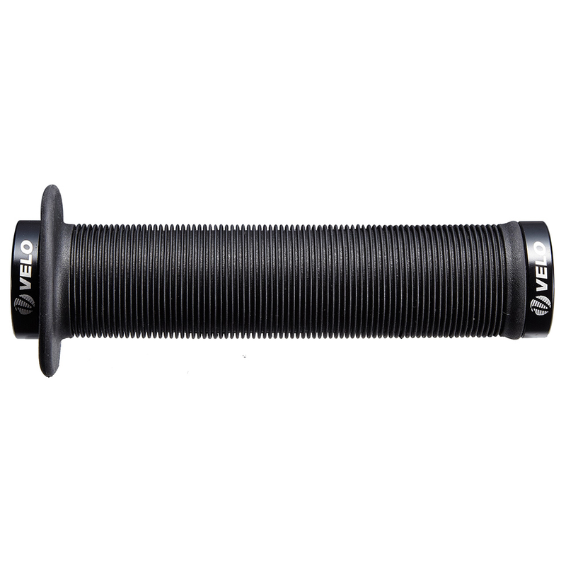 Par puños bici VELO 145mm sintéticos con tope grande color negro, sujeción lock-on doble tornillo